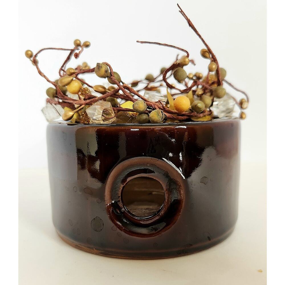 Vintage Brown Glazed Pottery Candle Holder with Decorative Wreath Rustic Ceramic